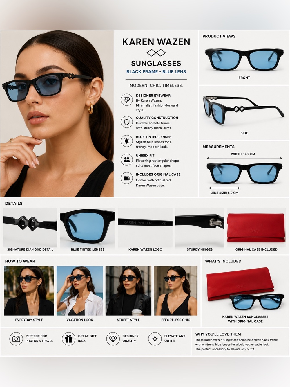 Karen Wazen Black Rectangular Blue Lens Sunglasses With Red Case